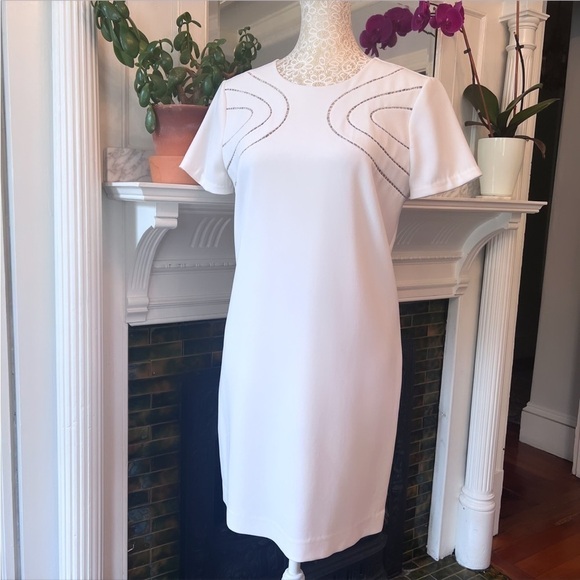 DIANE VON FURSTENBERG White Cecilia Ladder Stitch Short Sleeve Shift Dress Sz 4 - Picture 8 of 16